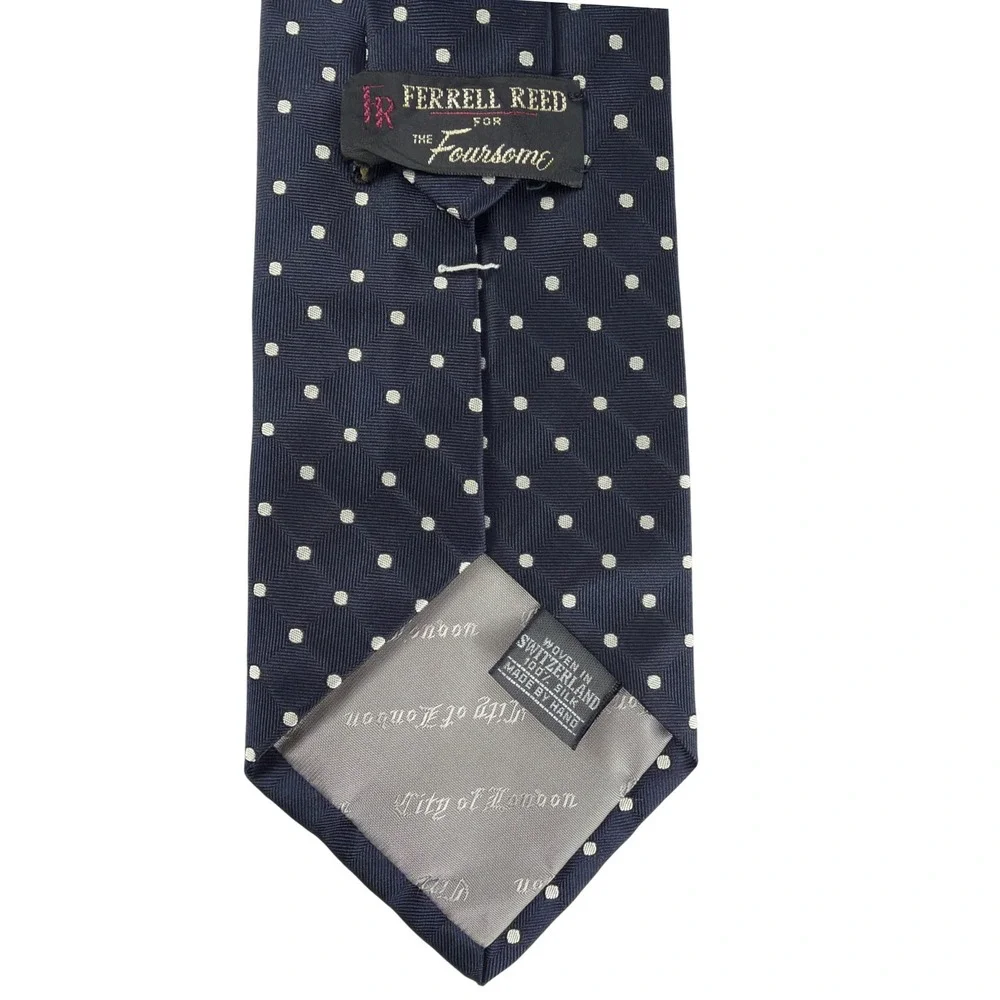 Ferrell Reed Navy Blue Polka Dot Silk Tie Woven in Switzerland Handmade Mens